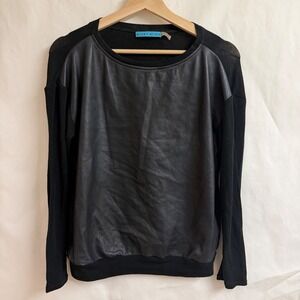 Alice‎ + Olivia Black Lamb Leather Front Mixed Media Top XS TP Long Sleeve Flaw